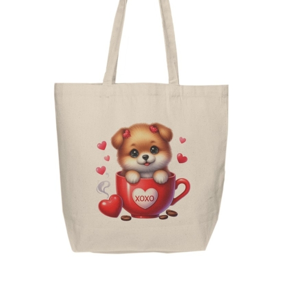 Valentine's Day Puppy in a Cup Custom Tote Bag - Picture 2 of 3